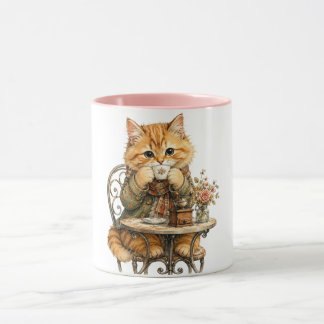 ビンテージ調の水彩画で描かれた愛らしい猫のコーヒータイム マグカップ