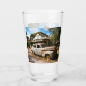 ビンテージ車とガレージ、ビールグラス タンブラーグラス (裏面)