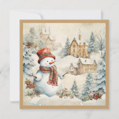 ビンテージ雪だるまの雪の村のクリスマスホリデー シーズンカード (正面)