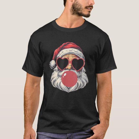 ビンテージ面白いサングラス サンタが風船ガムを吹く Tシャツ (正面)
