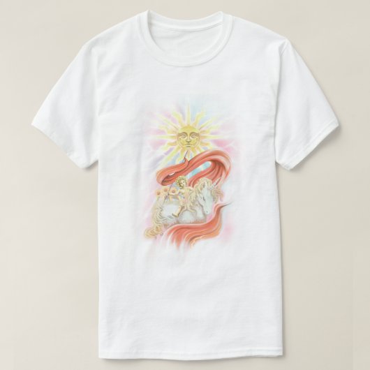 ビンテージ風のちび天使とユニコーンの太陽 Tシャツ (デザイン正面)
