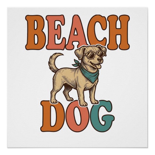 ビンテージ風の彫刻デザイン ビーチの犬 グラフィック ポスター (正面)
