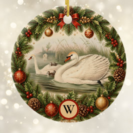 ビンテージ風の白鳥と幼鳥のクリスマス オーナメント