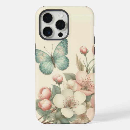ビンテージ風の花と春の蝶々 iPhoneケース (裏面)