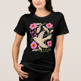 ビンテージ風の鳥と花のフォークアート トライブレンドTシャツ