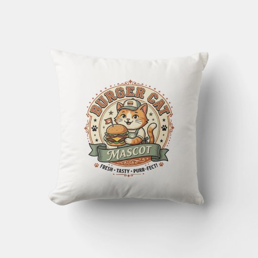 ビンテージ風バーガー猫マスコットキャラクター クッション (正面)
