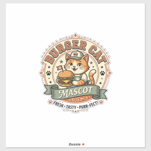 ビンテージ風バーガー猫マスコットキャラクター シール (シート)