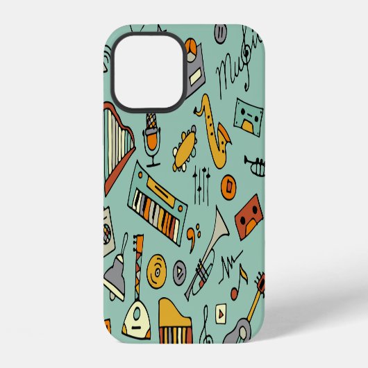 ビンテージ風楽器スケッチ パターン iPhoneケース (裏面)