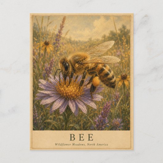 ビンテージ風 Bee Wildflower Meadows ポストカード (正面)