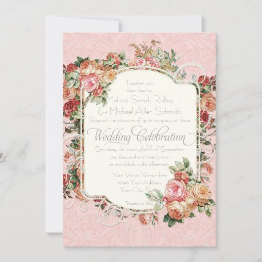 ビンテージ アンティーク ローズ フラワーブーケ フォーマル ウェディング 招待状 (正面)