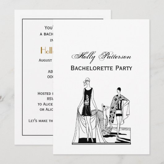 ビンテージ アートデコ おしゃれな女性たち ビーチで 招待状 (正面/裏面)