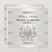 ビンテージ アートデコ シルバー プルーム ブラック ホワイト スクエア 結婚式 招待状 (正面/裏面)