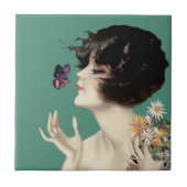 ビンテージ アートデコ レディ バタフライ 花 タイル (正面)