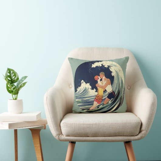 ビンテージ アールデコの恋人たち 海岸の波の中でキス クッション (椅子)