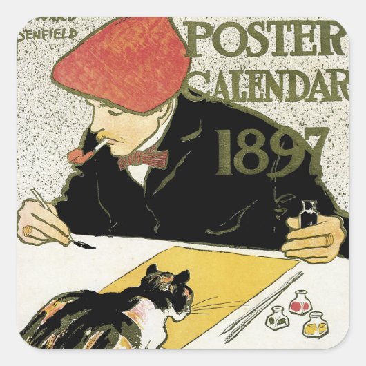 ビンテージ アール・ヌーヴォー、ペット猫との画家 スクエアシール (正面)