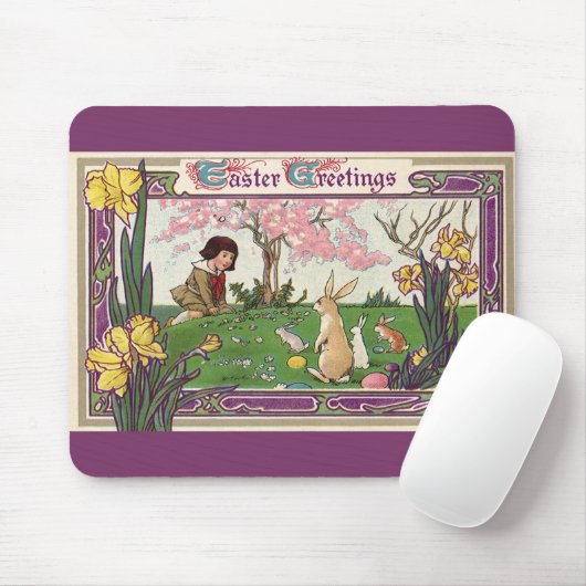 ビンテージ イースターエッグハントをする子供と動物たち マウスパッド (マウス)