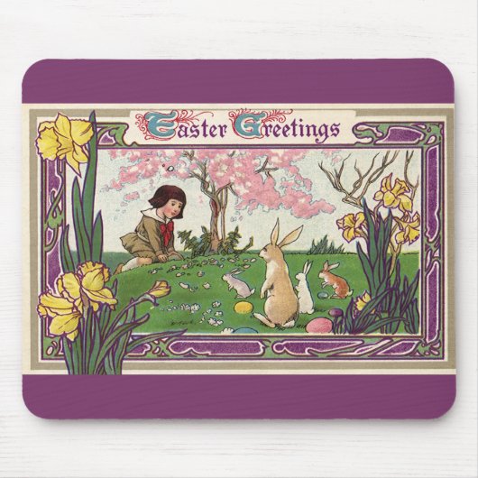 ビンテージ イースターエッグハントをする子供と動物たち マウスパッド (正面)