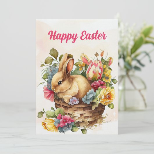 ビンテージ イースターバニー ピンクの花 かご 楽しいイースター シーズンカード (スタンド正面)