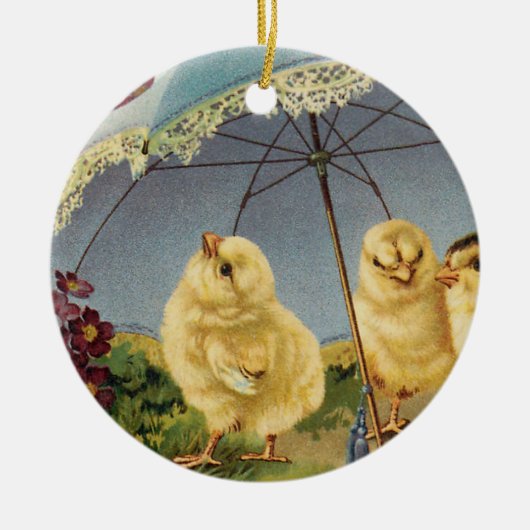 ビンテージ イースター かわいいひよこたち パラソルの下 セラミックオーナメント (正面)