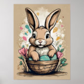 ビンテージ イースター ウサギ 卵のバスケット 花 春 ポスター (正面)