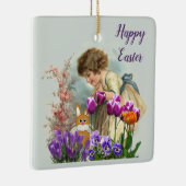 ビンテージ イースター ガール ウサギ と チューリップ セラミックオーナメント (右)