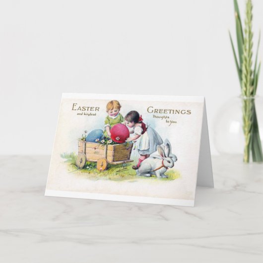 ビンテージ イースター チャイルド バニー エッグ カード (正面)