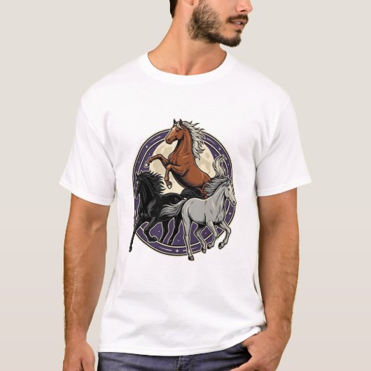 ビンテージ エングレーヴィング 疾走する馬 天界 デザイン Tシャツ (正面)