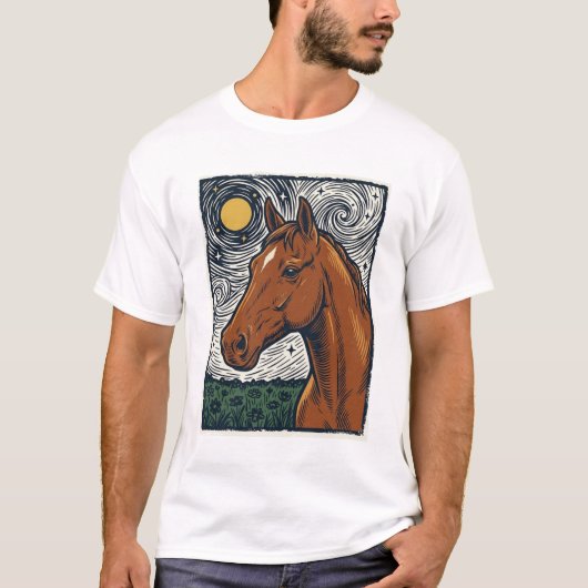 ビンテージ エングレーヴィング 馬 星空アートデザイン Tシャツ (正面)