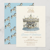 ビンテージ カルーセル ベビーシャワー 招待状 (青) (正面/裏面)