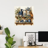 ビンテージ キッチン シェルフ 青 白 カンニスター ジャグ 瓶 ポスター (ホームオフィス)