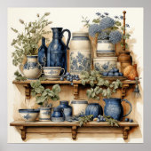 ビンテージ キッチン シェルフ 青 白 カンニスター ジャグ 瓶 ポスター (正面)