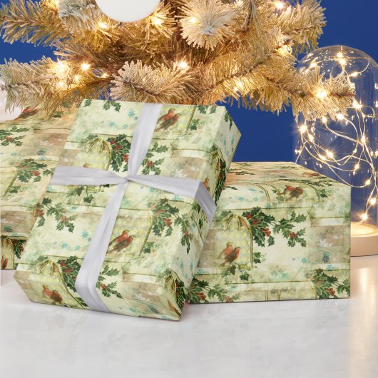 ビンテージ　クリスマスのホーリーと鳥たち ラッピングペーパー (クリスマス)