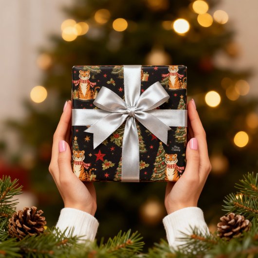 ビンテージ　クリスマスの虎　ブラック　クリスマスツリー ラッピングペーパー