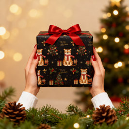 ビンテージ　クリスマス　タイガー　ツリー　ブラック ラッピングペーパー