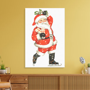 ビンテージ クリスマス ビクトリア調 サンタクロース アイススケーター キャンバスプリント