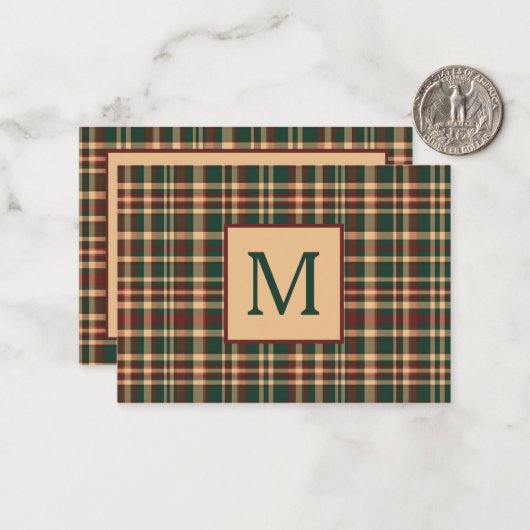ビンテージ クリスマス プレイド 赤と緑 モノグラム ノートカード (正面/裏面インサイチュ)