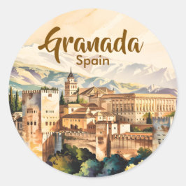 ビンテージ グラナダ スペイン アルハンブラ 水彩画 旅行 ラウンドシール