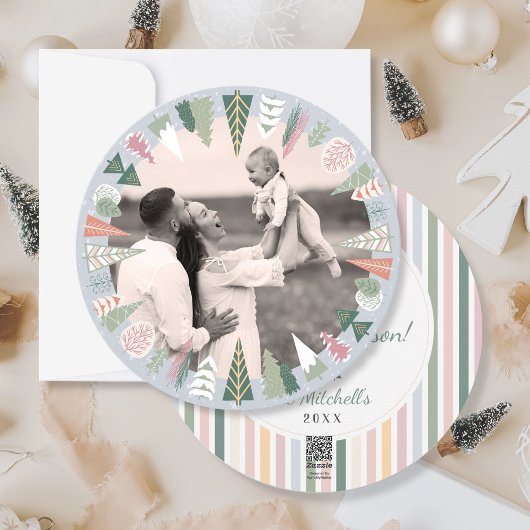 ビンテージ シックなクリスマス ツリーの写真 グレー 緑色 ラウンド シーズンカード