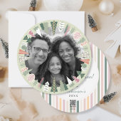 ビンテージ シックなクリスマス ツリーの写真 緑 ピンク ラウンド シーズンカード