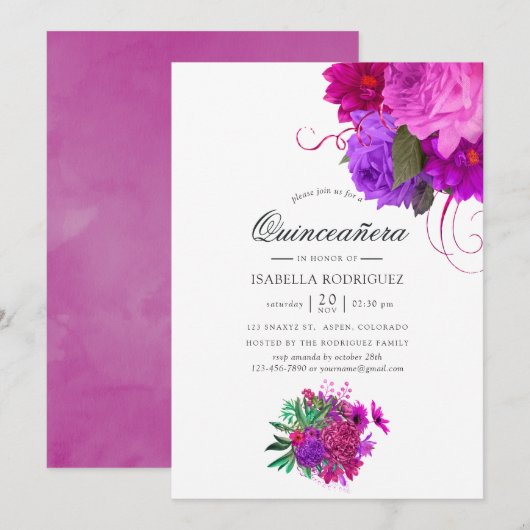 ビンテージ シックなフクシアとパープルの花のキンセアニエラ 招待状 (正面/裏面)