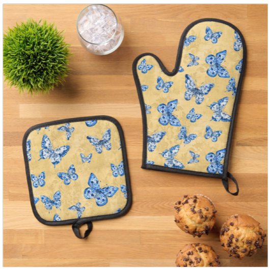 ビンテージ シノワズリー ブルーバタフライ フェードダマスク 鍋つかみ&鍋敷きセット