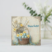 ビンテージ シャビー シックなイースターエッグのバスケットと水仙 シーズンカード (スタンド正面)