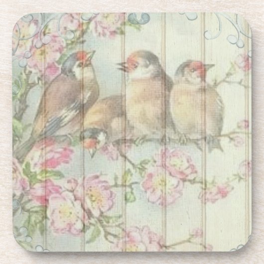 ビンテージ シャビー シック フェード フラワーバード デザイン   コースター (正面)