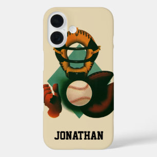 ビンテージ スポーツ 野球選手、キャッチャーミット付き iPhone 16ケース