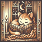 ビンテージ スリーピング アートデコスタイルの本を読む猫 シール (正面)