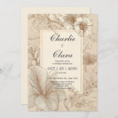 ビンテージ セピア ハイビスカス ラインアート ウェディング 招待状 (正面/裏面)