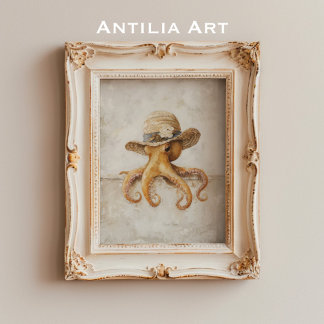 ビンテージ タコの絵 牧歌的な遊び心ある軟体動物 ポスター