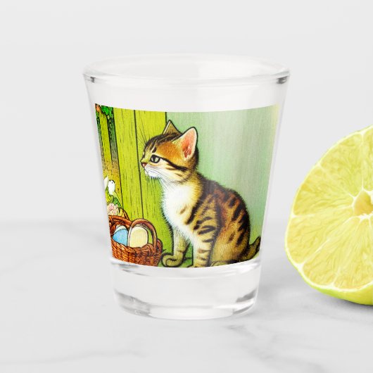 ビンテージ タビー猫 イラスト ショットグラス (正面)