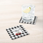 ビンテージ チェリー ブラックホワイト ギンガム スクエアペーパーコースター (インサイチュ)