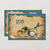ビンテージ ティールとゴールドの返信カード 招待状 (正面/裏面)